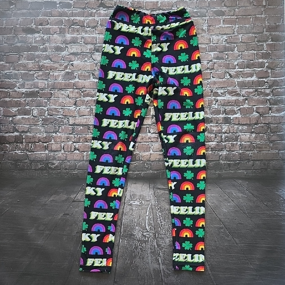 LuLaRoe Girls' Black Rainbow & Shamrock Leggings - Tween